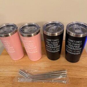 Stainless Steel Tumblers 4 Pack (2 Black & 2 Pink) Straws & Cleaning Bristles